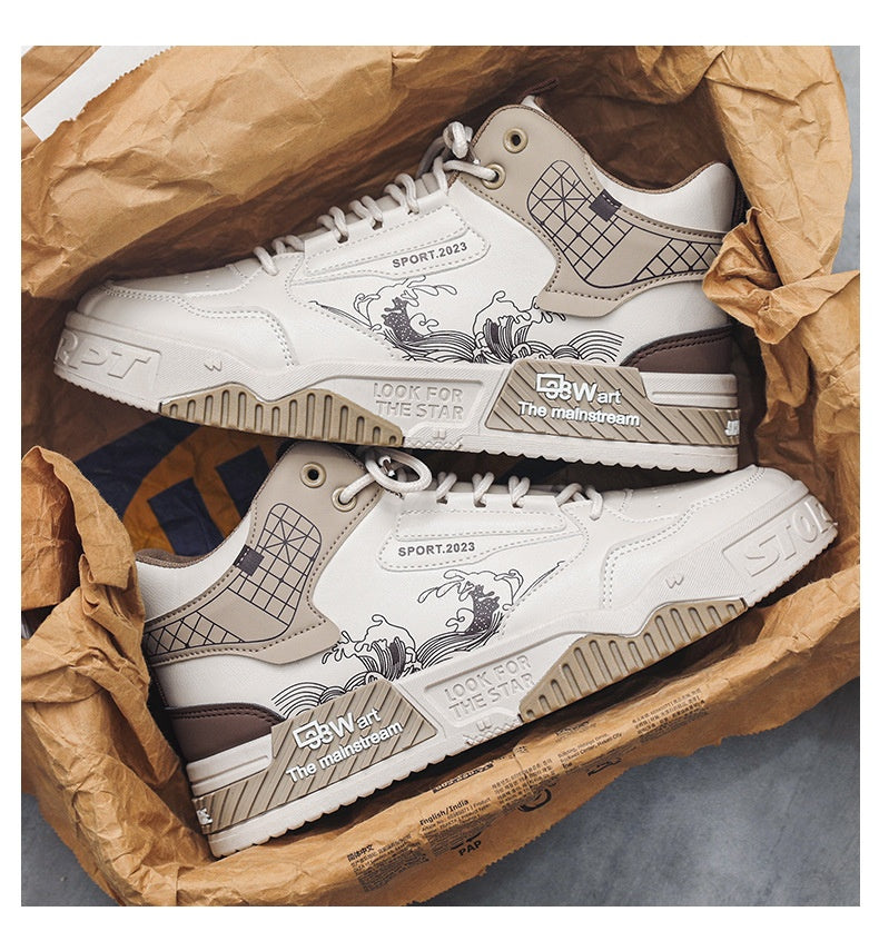 Men’s High-Top Sneakers | Japanese Wave Print Streetwear Shoes | White & Grey