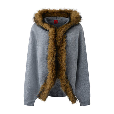 Women's Knit Cardigan Faux Fur Hooded Patchwork Sweater Jacket Loose Fit Open Front