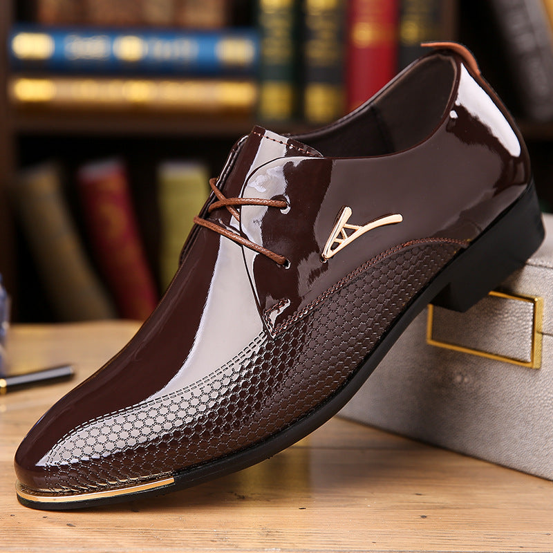 Men's Shoes- Men's Glossy Formal Pointed Toe Low Heeled Leather Shoes