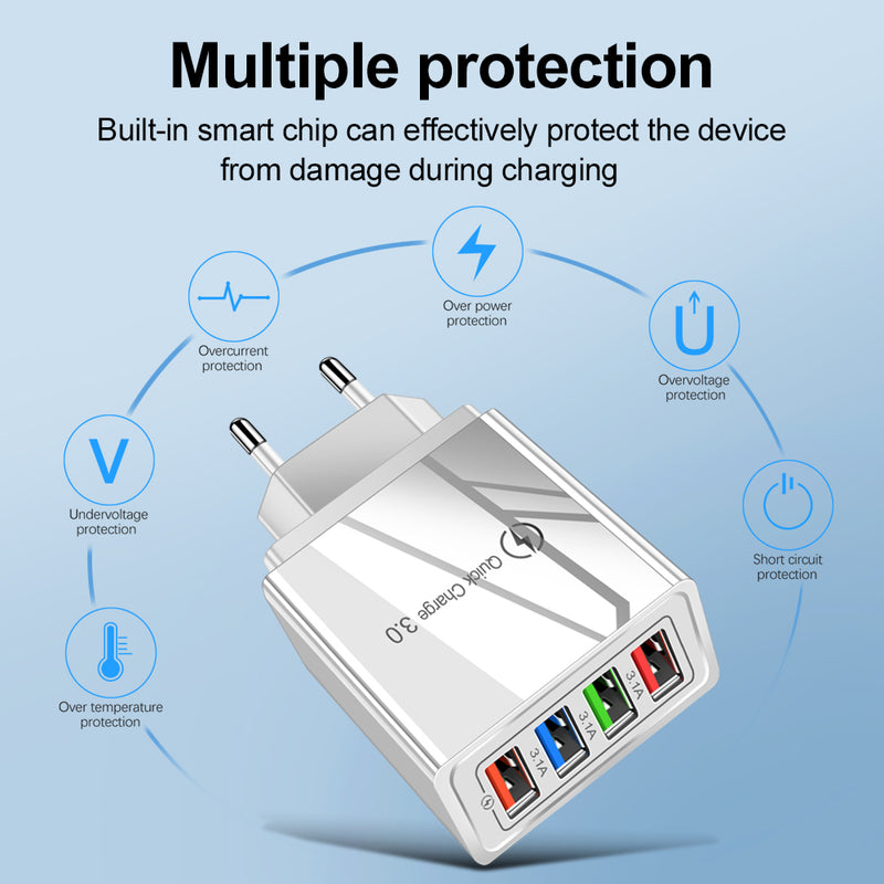 Adapter- USB Charger Quick Charge 3.0 4 Phone Adapter For Tablet Portable Wall Mobile Charger Fast Charger