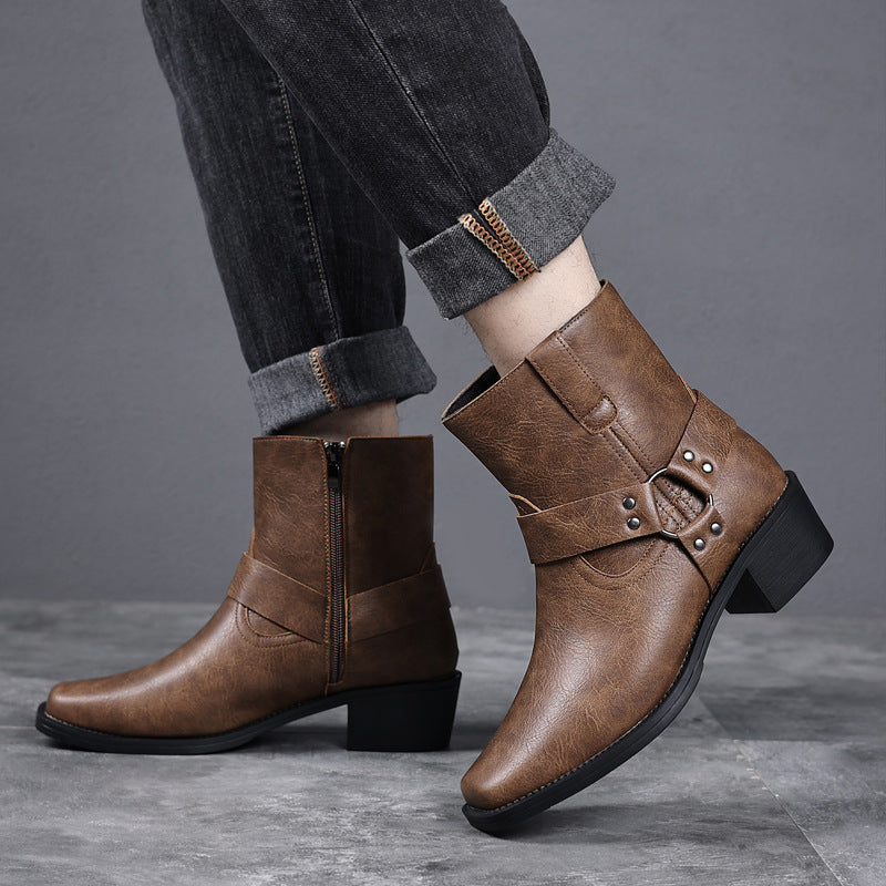 Men's Shoes- Men's Leather Boots, Retro British High-Top Ankle Boots With Rivets, Metal Buckles, Side Zippers, Chunky Heels, Square Toe Men's Boots