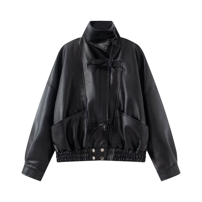 Vintage motorcycle faux leather jacket with belt for women