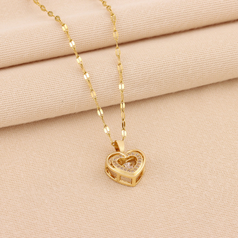 Neck Chain- Double-layer Love Necklace With Rhinestones Titanium Steel Pendant Fashion Jewelry Woman Valentines Day Gift