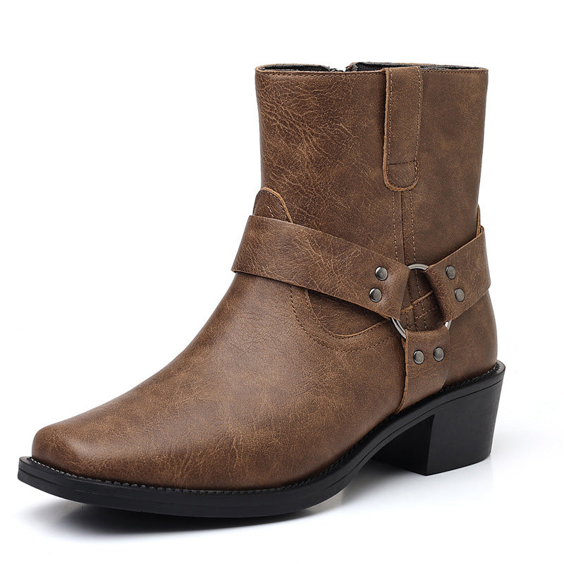 Men's Shoes- Men's Leather Boots, Retro British High-Top Ankle Boots With Rivets, Metal Buckles, Side Zippers, Chunky Heels, Square Toe Men's Boots