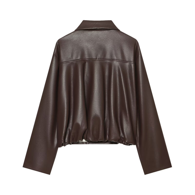 Back pleated leather jacket women's clothing