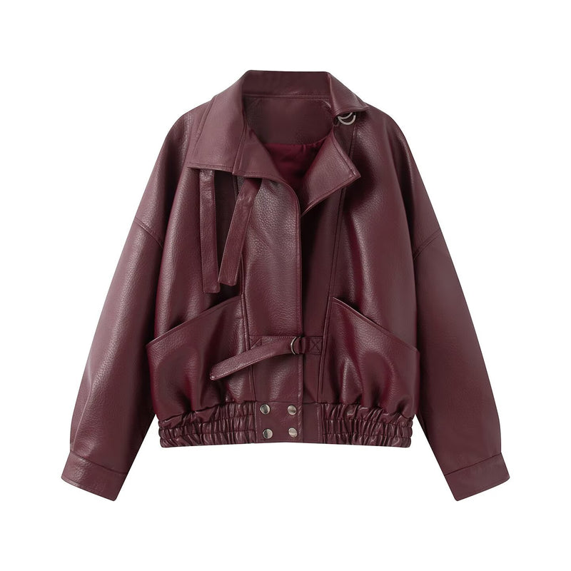 Vintage motorcycle faux leather jacket with belt for women