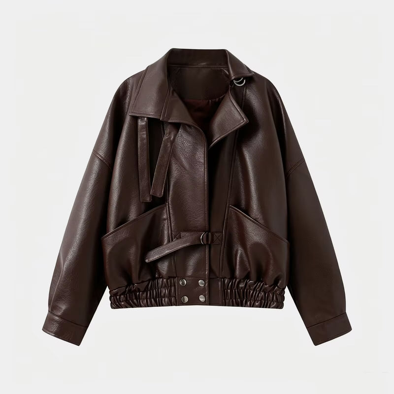 Vintage motorcycle faux leather jacket with belt for women