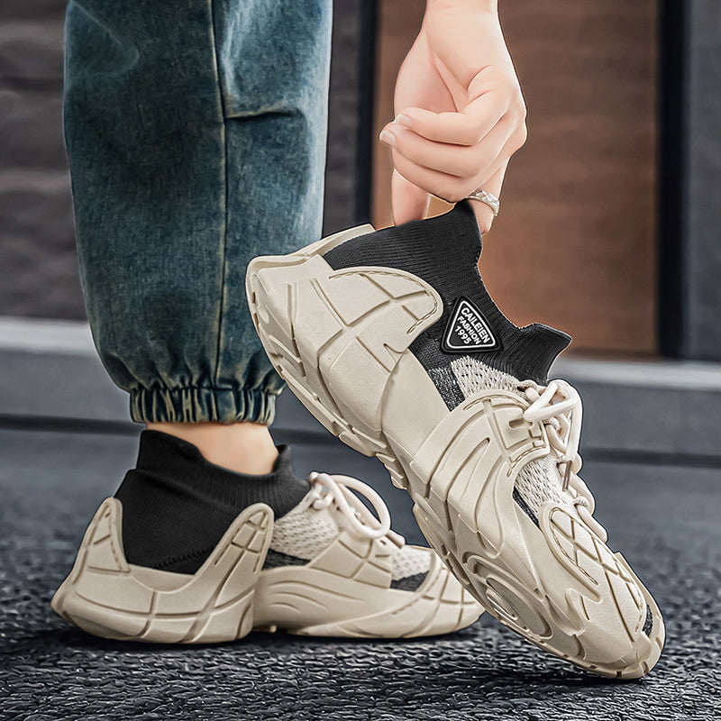 Men's Shoes- Men's Spring Summer Mesh Sneakers, Breathable Fly Knit Casual Slip-on Dad Shoes, Lightweight Fashion Popular Running Footwear
