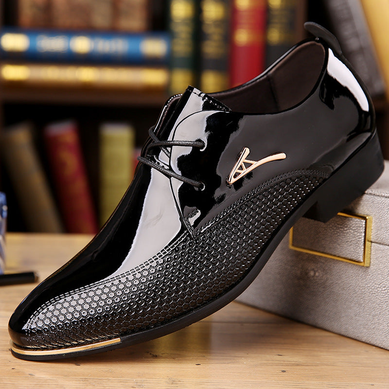 Men's Shoes- Men's Glossy Formal Pointed Toe Low Heeled Leather Shoes