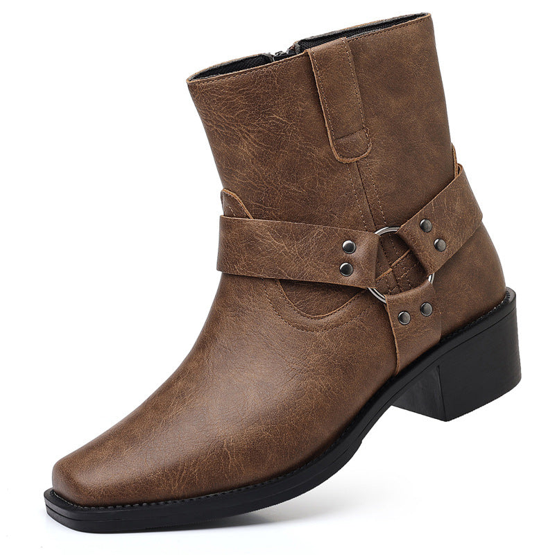 Men's Shoes- Men's Leather Boots, Retro British High-Top Ankle Boots With Rivets, Metal Buckles, Side Zippers, Chunky Heels, Square Toe Men's Boots