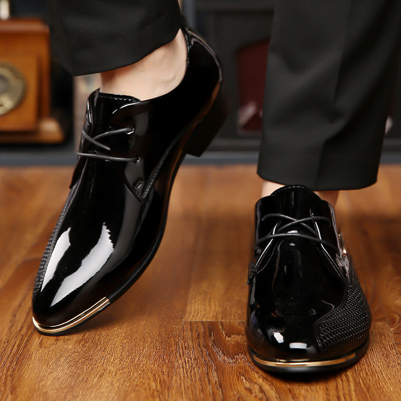 Men's Shoes- Men's Glossy Formal Pointed Toe Low Heeled Leather Shoes