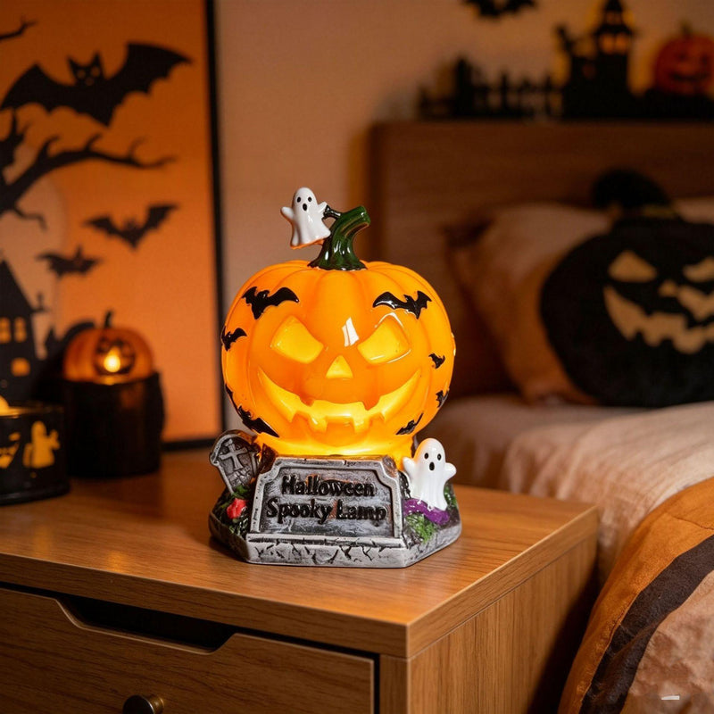 Halloween Night Light USB Powered Handcrafted Resin Pumpkin Lamp Retro Glowing Gothic Halloween Table Lamp Holiday Decor