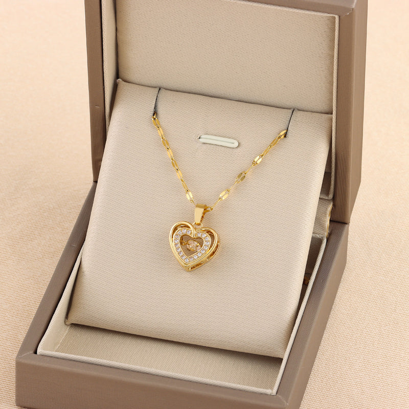 Neck Chain- Double-layer Love Necklace With Rhinestones Titanium Steel Pendant Fashion Jewelry Woman Valentines Day Gift