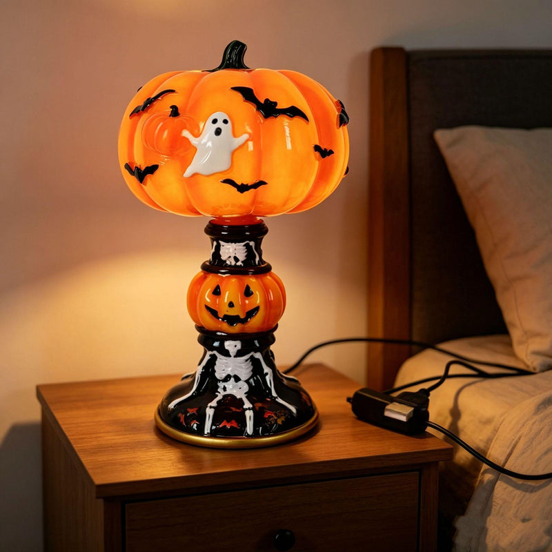 Halloween Night Light USB Powered Handcrafted Resin Pumpkin Lamp Retro Glowing Gothic Halloween Table Lamp Holiday Decor