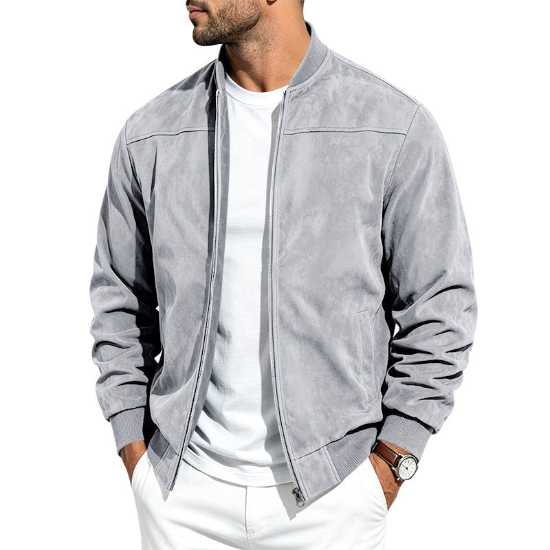 Jacket For Men- Men's Jacket- Suede Long Sleeve Zip Up Jacket Men's Casual Outerwear With Full Zip Closure