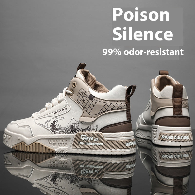 Men’s High-Top Sneakers | Japanese Wave Print Streetwear Shoes | White & Grey