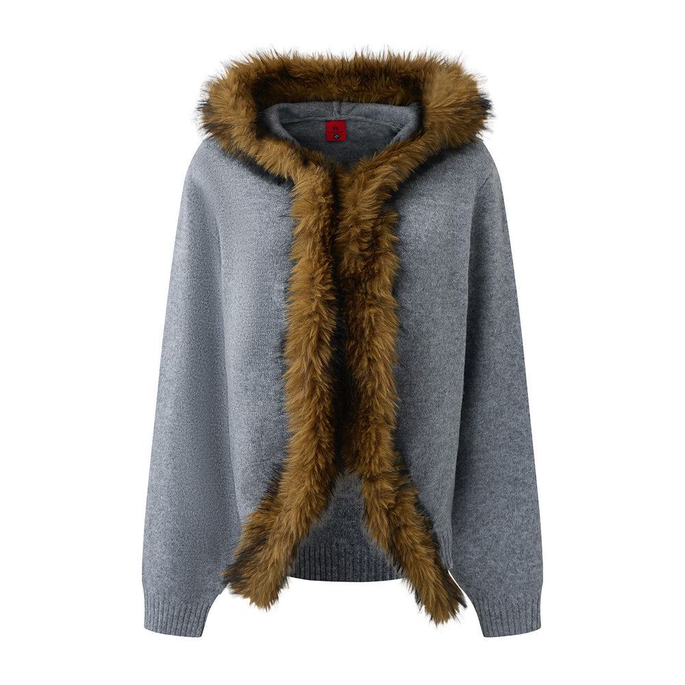 Women's Knit Cardigan Faux Fur Hooded Patchwork Sweater Jacket Loose Fit Open Front