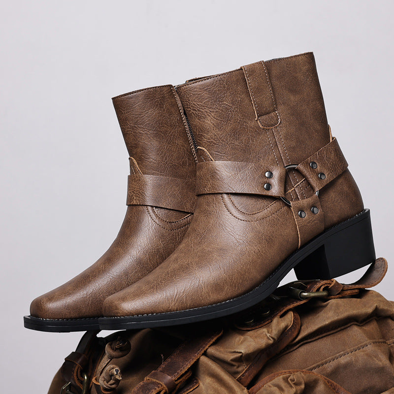 Men's Shoes- Men's Leather Boots, Retro British High-Top Ankle Boots With Rivets, Metal Buckles, Side Zippers, Chunky Heels, Square Toe Men's Boots