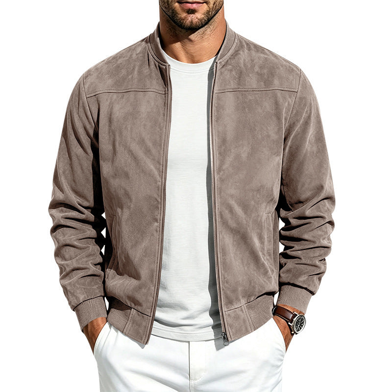 Jacket For Men- Men's Jacket- Suede Long Sleeve Zip Up Jacket Men's Casual Outerwear With Full Zip Closure