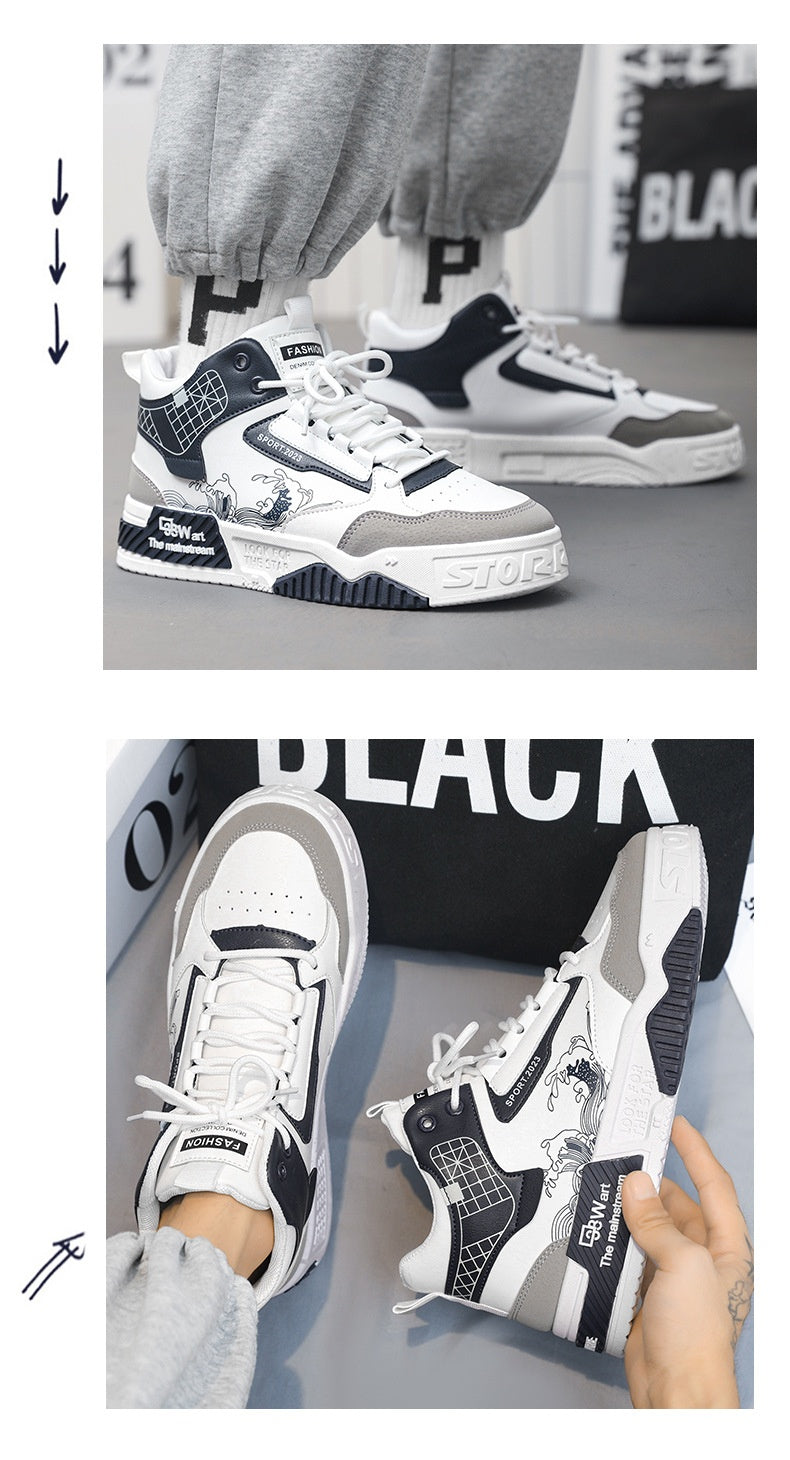 Men’s High-Top Sneakers | Japanese Wave Print Streetwear Shoes | White & Grey