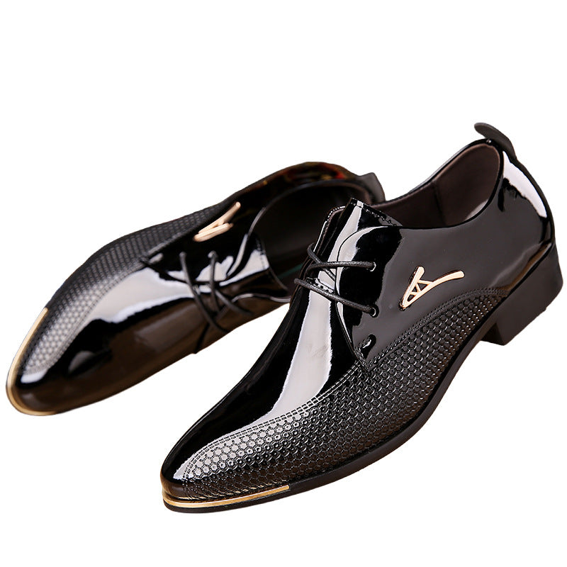 Men's Shoes- Men's Glossy Formal Pointed Toe Low Heeled Leather Shoes