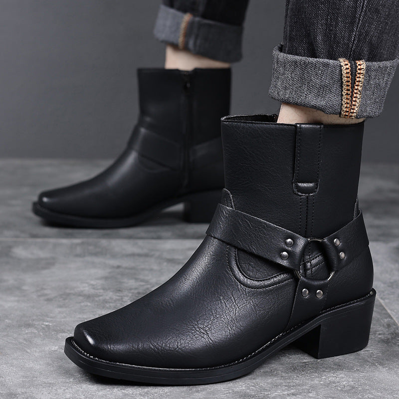 Men's Shoes- Men's Leather Boots, Retro British High-Top Ankle Boots With Rivets, Metal Buckles, Side Zippers, Chunky Heels, Square Toe Men's Boots