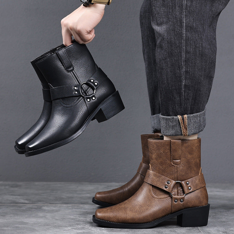 Men's Shoes- Men's Leather Boots, Retro British High-Top Ankle Boots With Rivets, Metal Buckles, Side Zippers, Chunky Heels, Square Toe Men's Boots