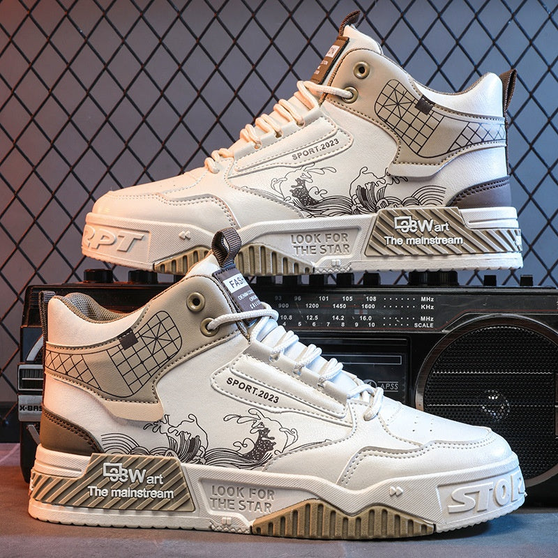Men’s High-Top Sneakers | Japanese Wave Print Streetwear Shoes | White & Grey