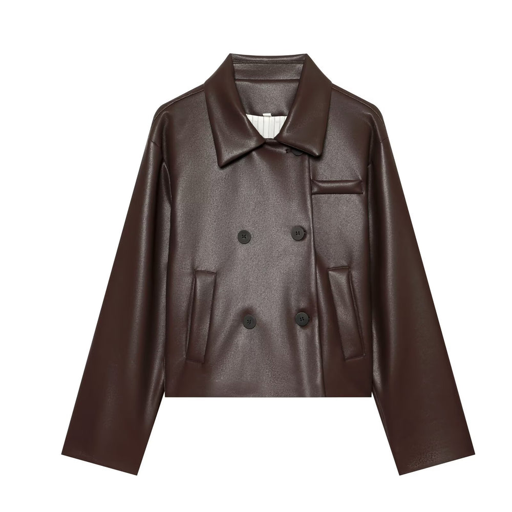 Back pleated leather jacket women's clothing