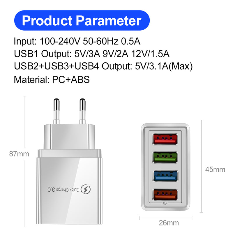 Adapter- USB Charger Quick Charge 3.0 4 Phone Adapter For Tablet Portable Wall Mobile Charger Fast Charger