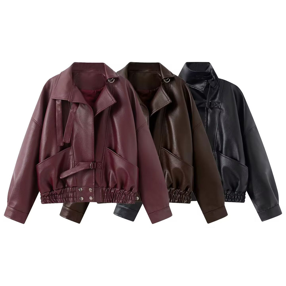 Vintage motorcycle faux leather jacket with belt for women