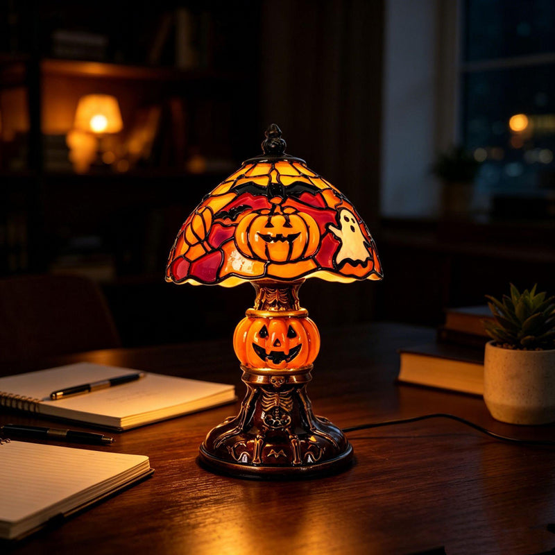 Halloween Night Light USB Powered Handcrafted Resin Pumpkin Lamp Retro Glowing Gothic Halloween Table Lamp Holiday Decor