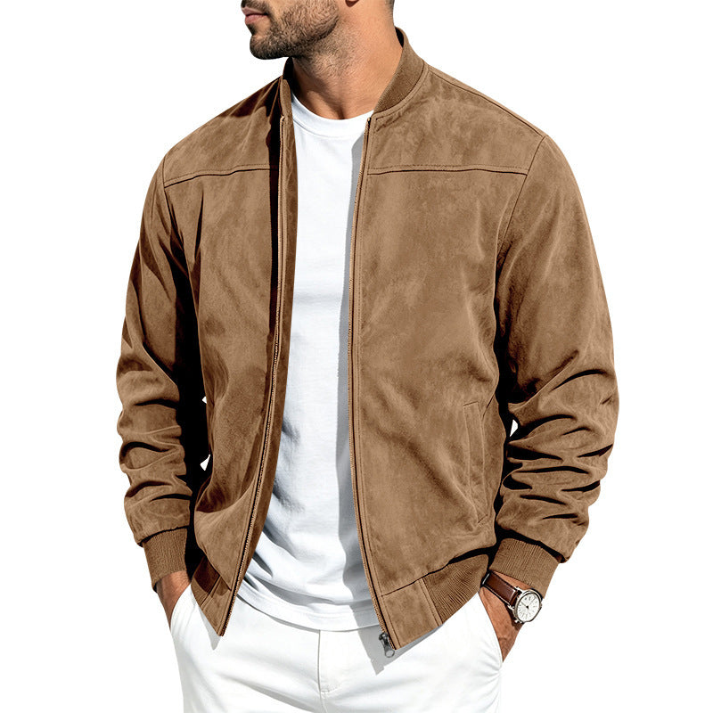 Jacket For Men- Men's Jacket- Suede Long Sleeve Zip Up Jacket Men's Casual Outerwear With Full Zip Closure
