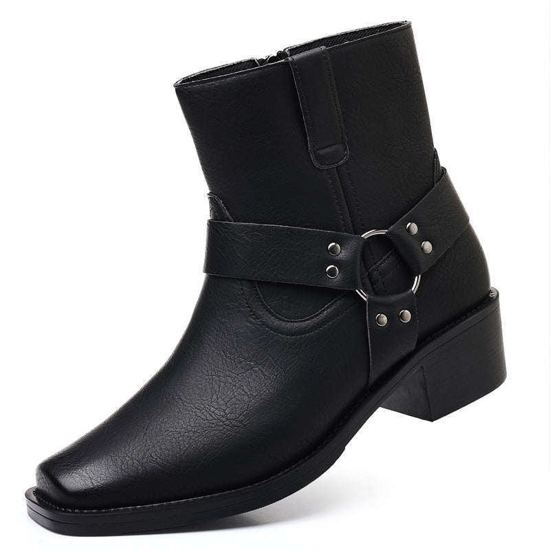 Men's Shoes- Men's Leather Boots, Retro British High-Top Ankle Boots With Rivets, Metal Buckles, Side Zippers, Chunky Heels, Square Toe Men's Boots