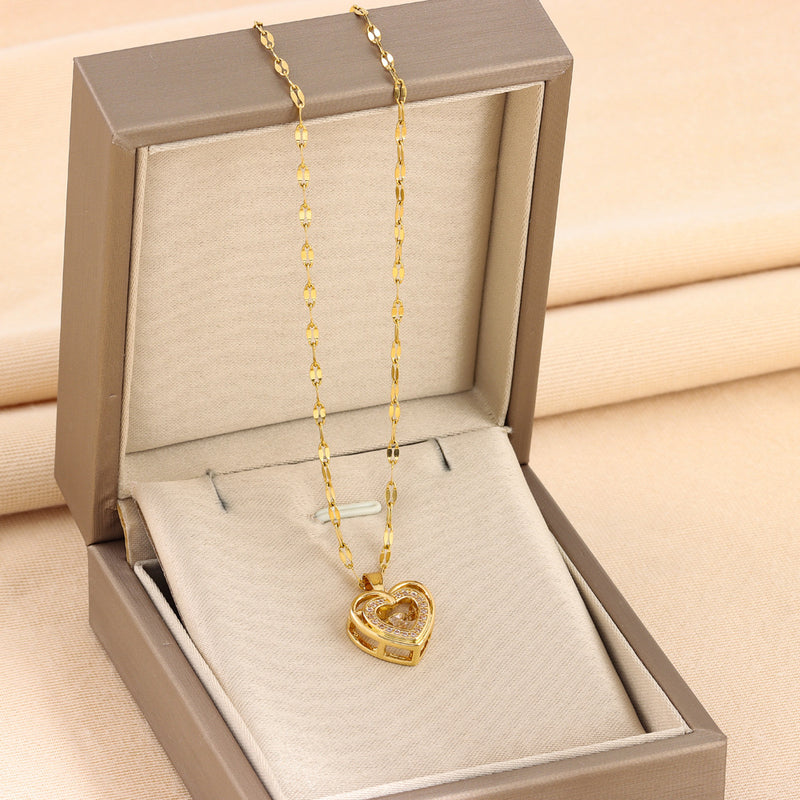 Neck Chain- Double-layer Love Necklace With Rhinestones Titanium Steel Pendant Fashion Jewelry Woman Valentines Day Gift