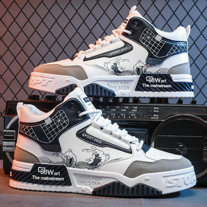 Men’s High-Top Sneakers | Japanese Wave Print Streetwear Shoes | White & Grey