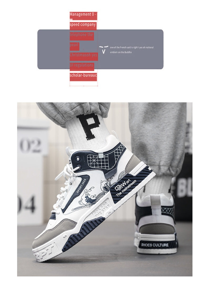 Men’s High-Top Sneakers | Japanese Wave Print Streetwear Shoes | White & Grey