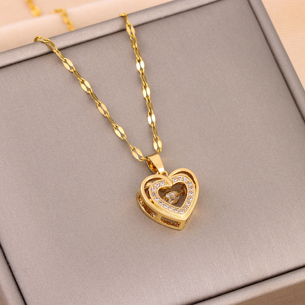 Neck Chain- Double-layer Love Necklace With Rhinestones Titanium Steel Pendant Fashion Jewelry Woman Valentines Day Gift