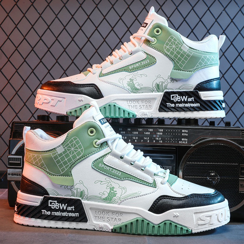 Men’s High-Top Sneakers | Japanese Wave Print Streetwear Shoes | White & Grey