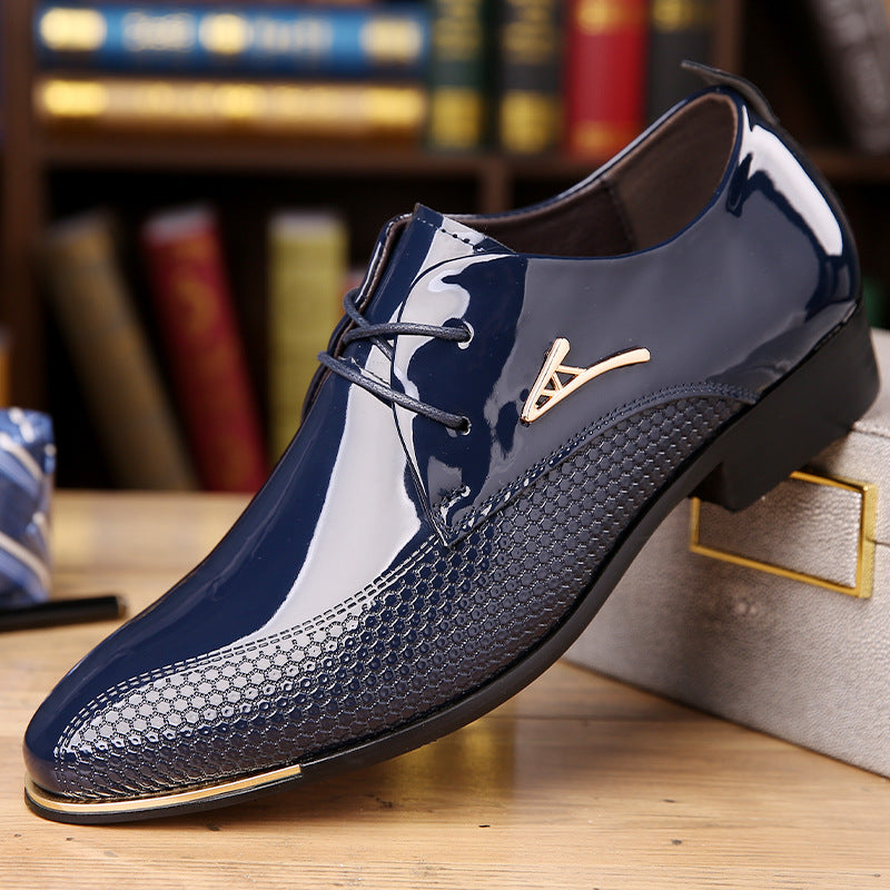 Men's Shoes- Men's Glossy Formal Pointed Toe Low Heeled Leather Shoes
